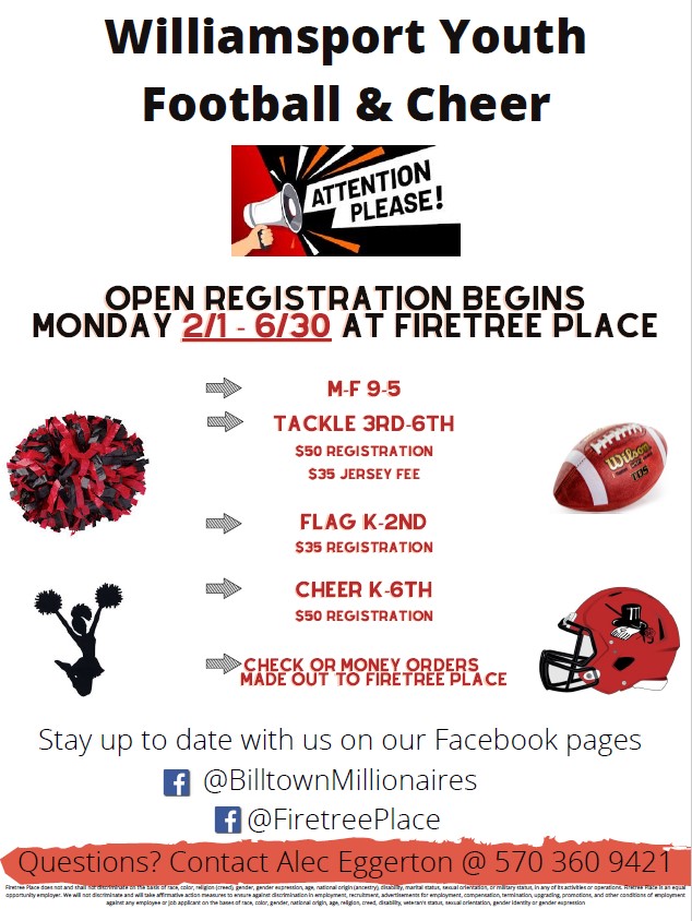 firetree place youth football and cheer flyer with event info